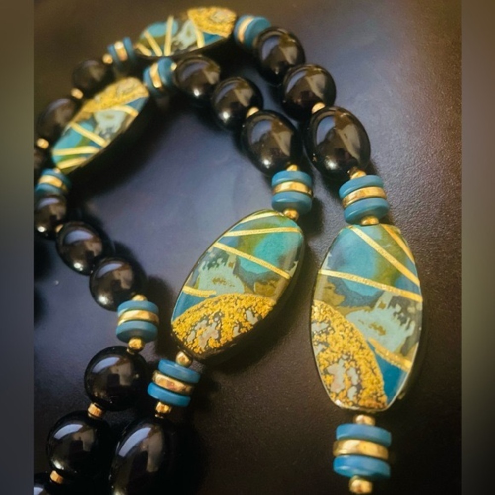 Turquoise Blue, Gold and Black Bead Necklace - Picture 4 of 7
